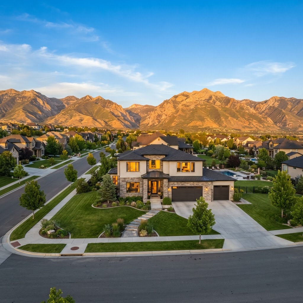 Crown Cleaning professional cleaning a home's exterior windows in Utah County