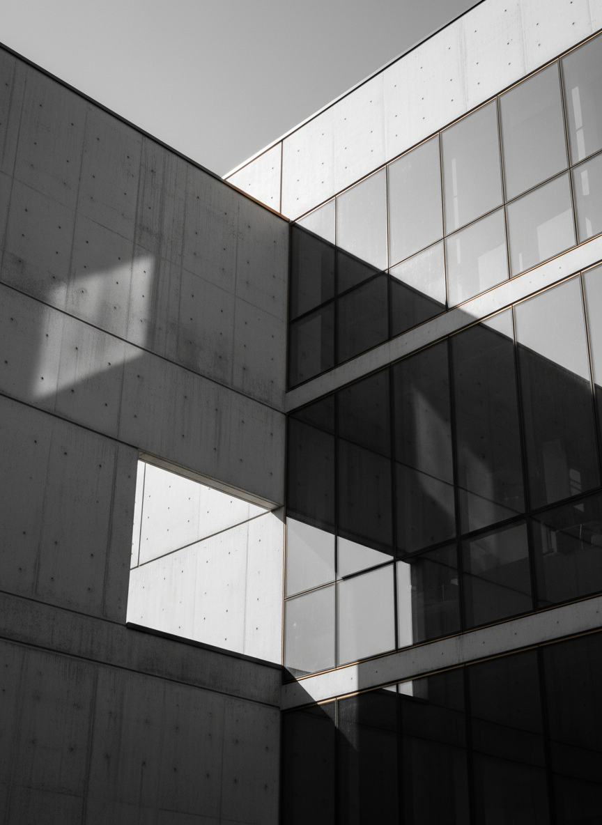 Architectural backdrop — concrete geometry with cinematic shadows