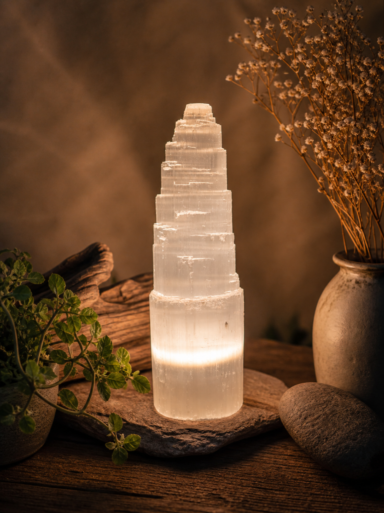 Selenit lampe – tårn 35 cm