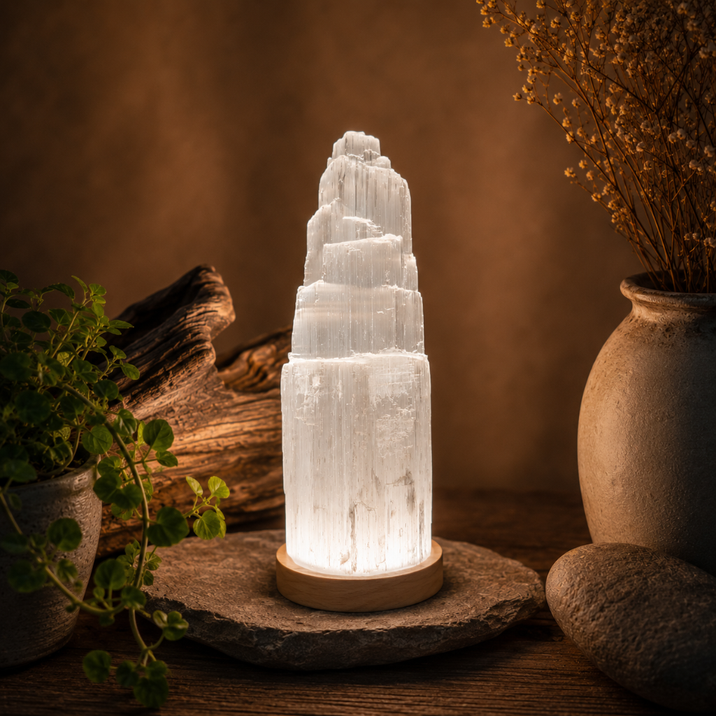 Selenit lampe – tårn 15 cm