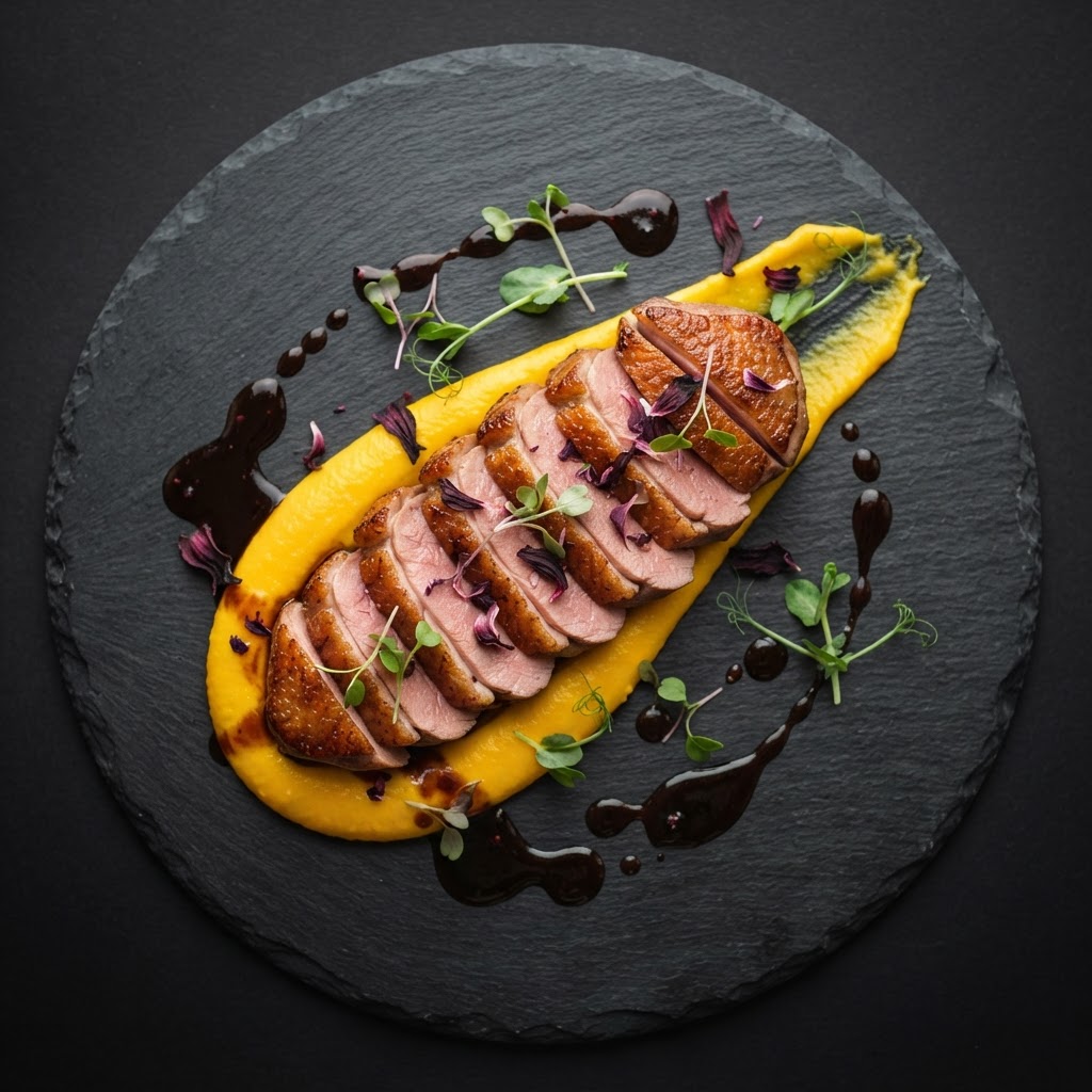 Suya-Seared Duck Breast with Hibiscus-Cognac Reduction and Velvet Plantain Silk