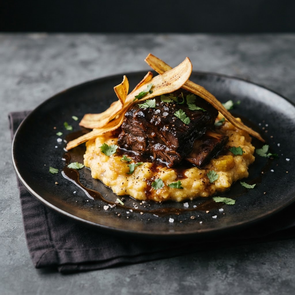 Ancho-Chile Braised Short Rib over Charred Pineapple-Plantain Polenta