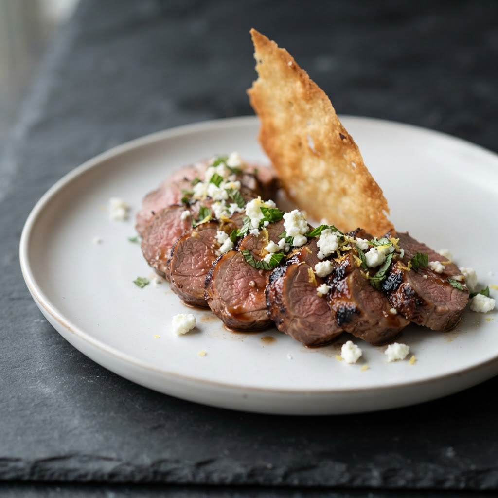Soy-Braised Lamb with Feta-Mint Gremolata and Crispy Pita Tuile
