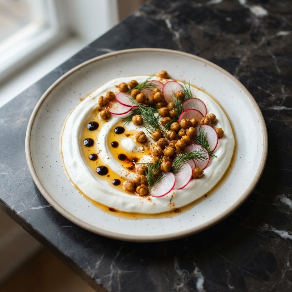 Turmeric-Ghee Labneh with Spiced Chickpea Crumb and Mango-Chili Gastrique