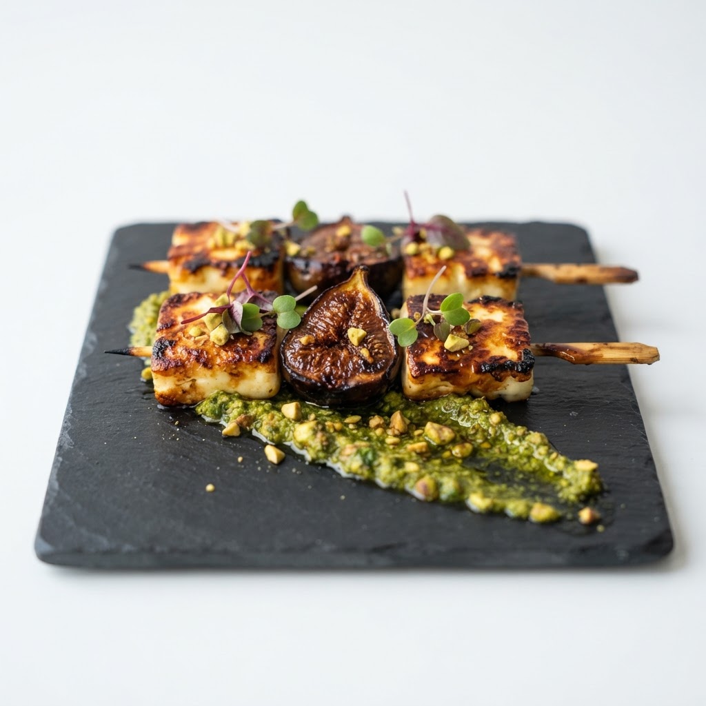 Umami-Rich Miso-Glazed Fig & Halloumi Skewers with Shiso-Pistachio Pesto