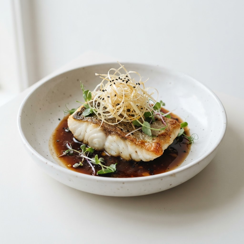 Black Garlic & Miso Sea Bass with Crispy Leek Ribbons