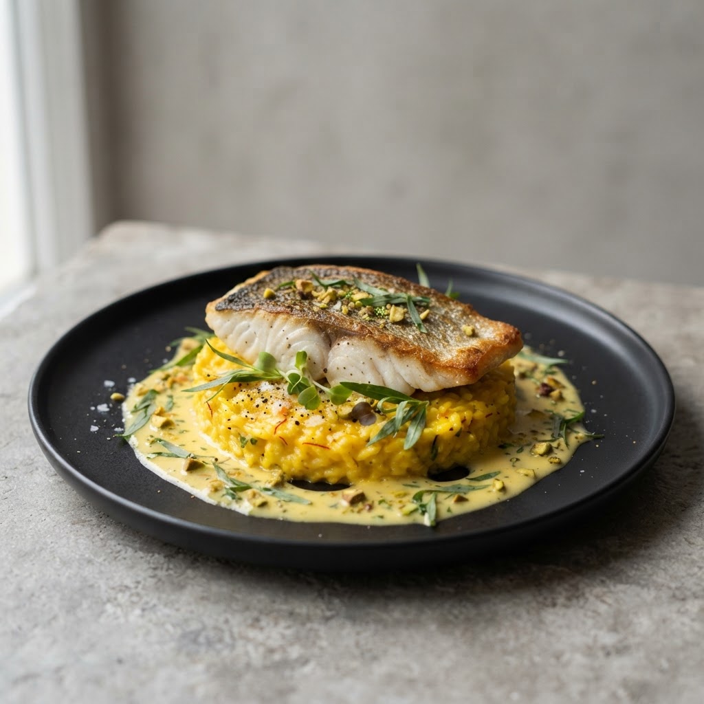 Saffron-Carnaroli Risotto with Pan-Seared Sea Bass and Pistachio-Tarragon Beurre Blanc