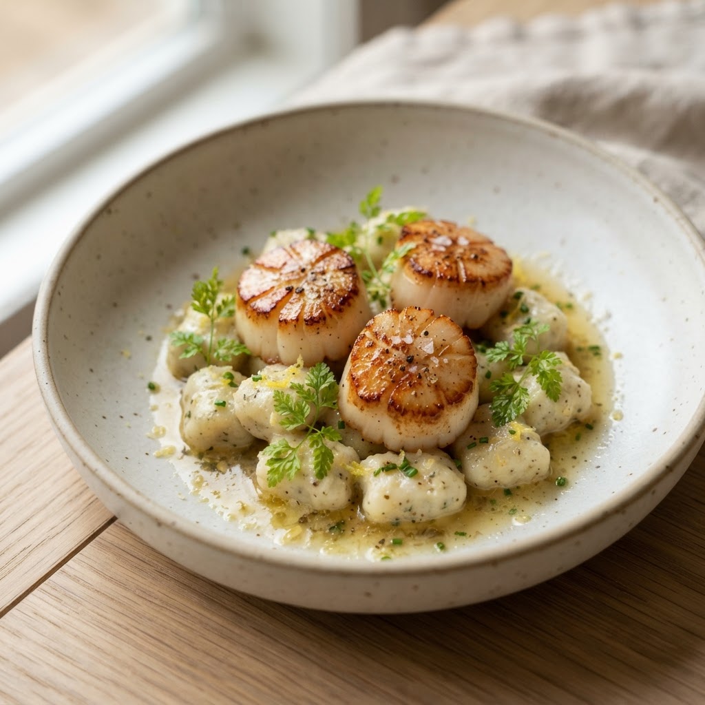 Champagne-Butter Poached Sea Scallops with Porcini-Ricotta Gnudi