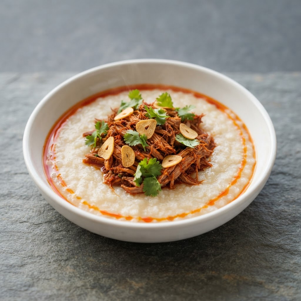 Tandoori-Spiced Five-Spice Duck Confit over Lemongrass-Masala Congee
