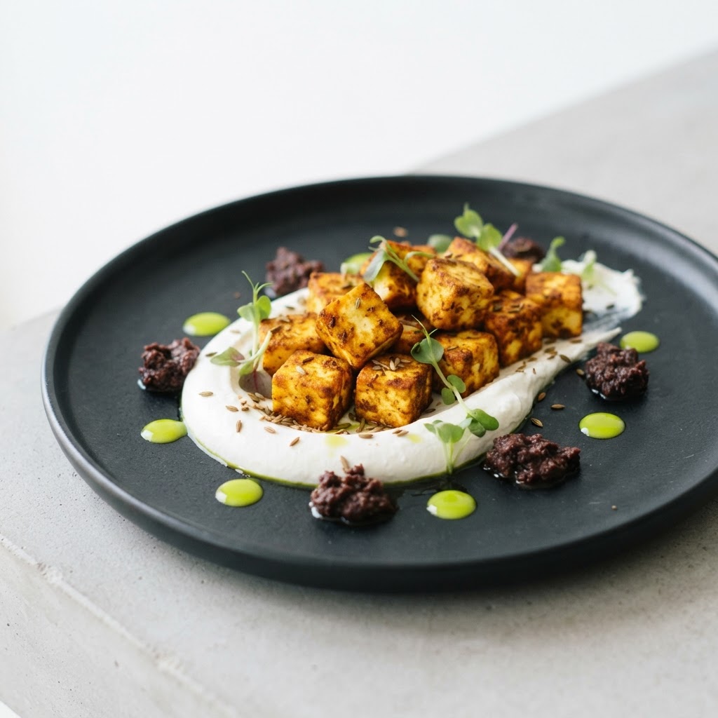 Garam-Masala Seared Paneer on Whipped Feta with Cilantro-Stem Infusion