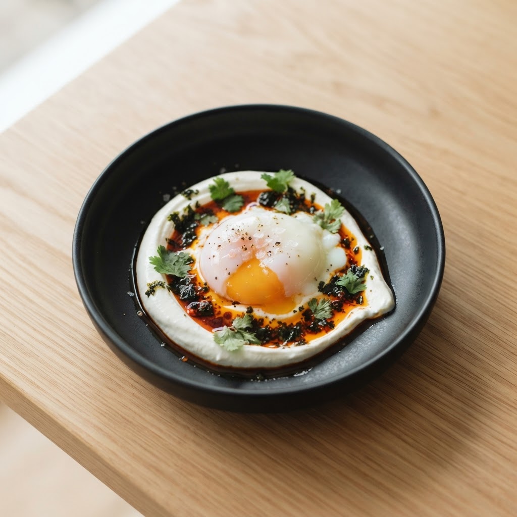 Dashi-Poached Egg on Whipped Smoked Labneh with Nori-Harissa Oil
