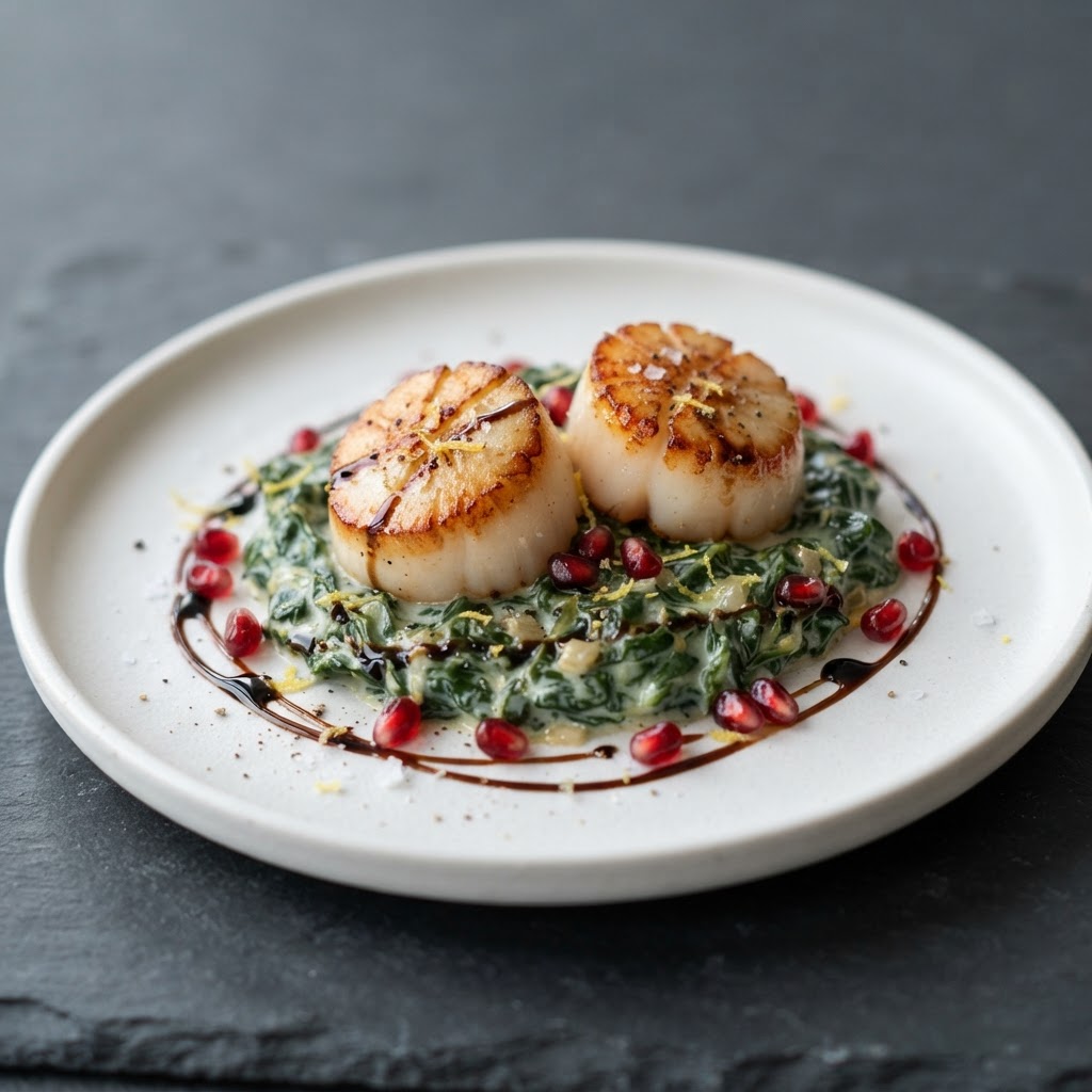 Smoked Collard Green Cream with Pan-Seared Scallops and Pomegranate-Balsamic Reduction