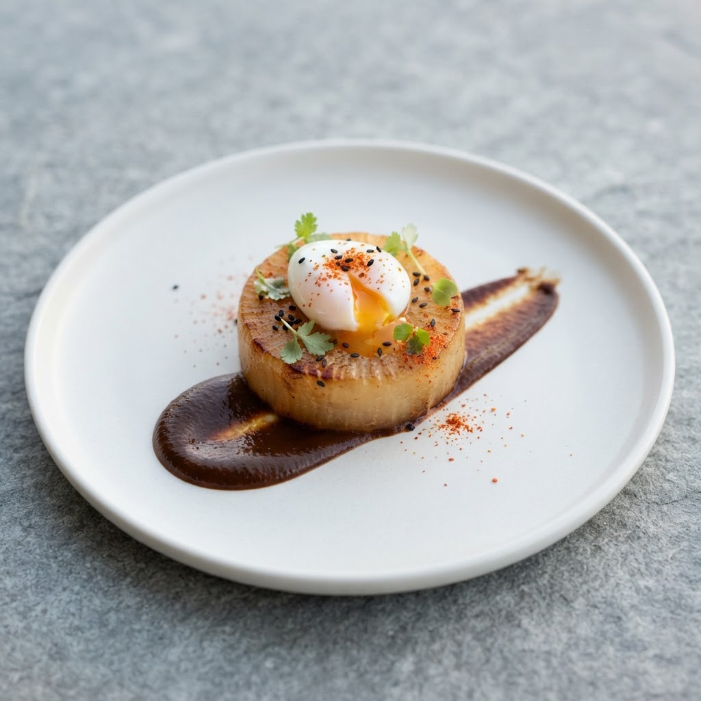 Dashi-Poached Quail Eggs over Mole-Glazed Daikon Steaks
