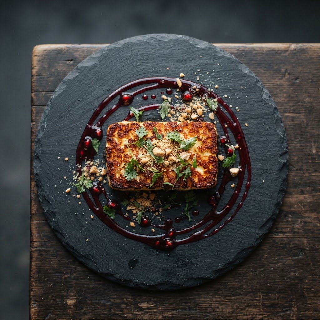Mastic-Cardamom Spiced Halloumi with Pomegranate-Cashew Gastrique