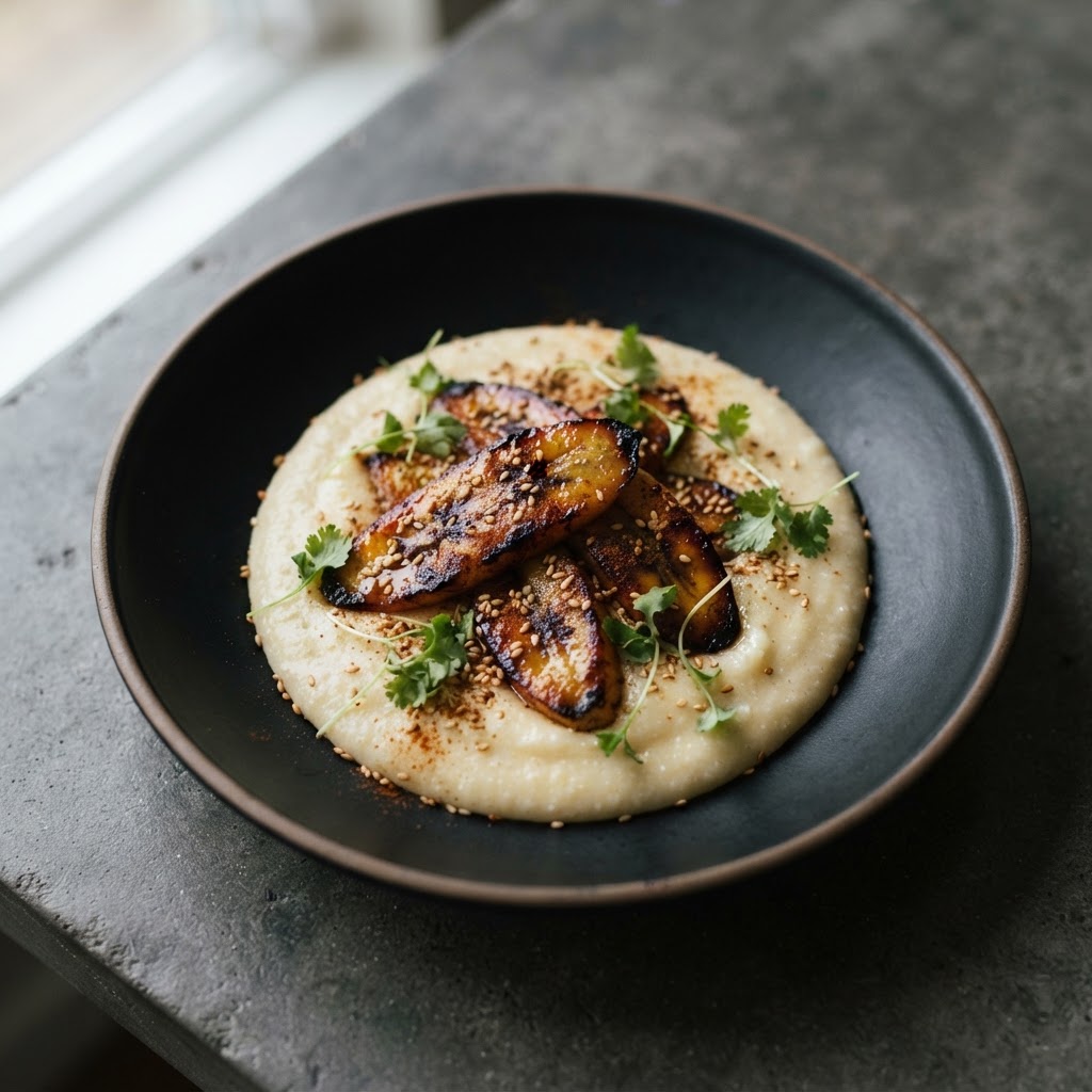 Berbere-Spiced Plantain Silk with Black Garlic Grits