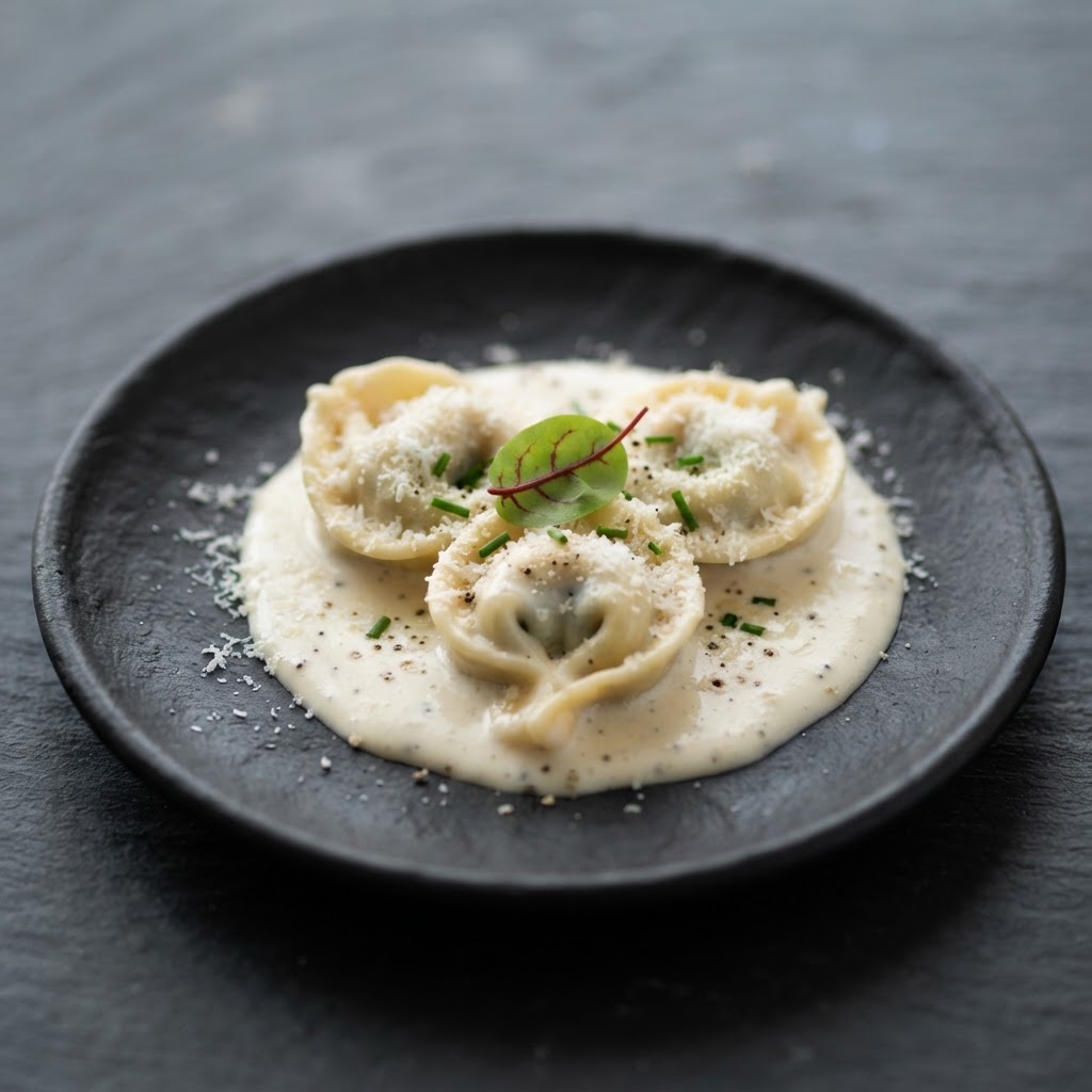 Cognac-Flambéed Escargot Tortellini in a Cacio e Pepe Velouté