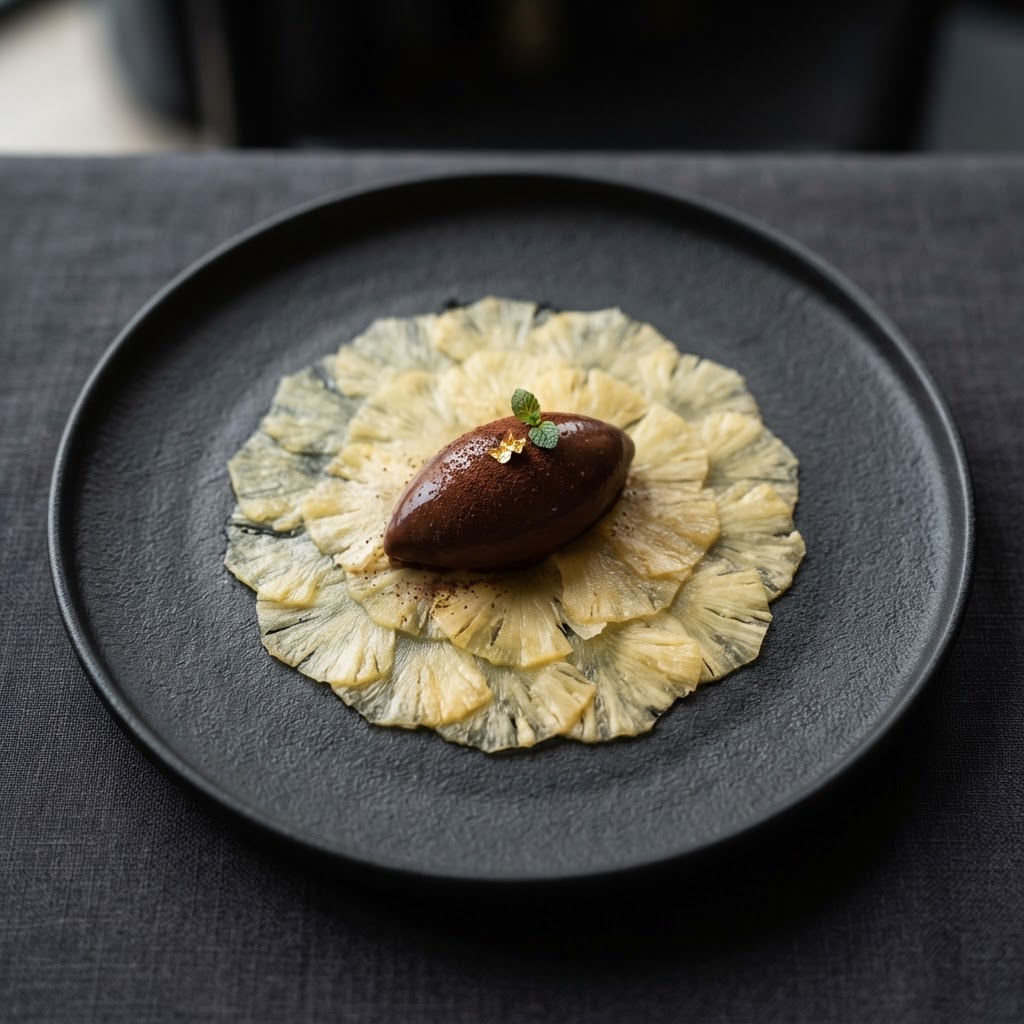 Mole-Spiced Cacao Mousse with Scotch Bonnet-Infused Pineapple Carpaccio