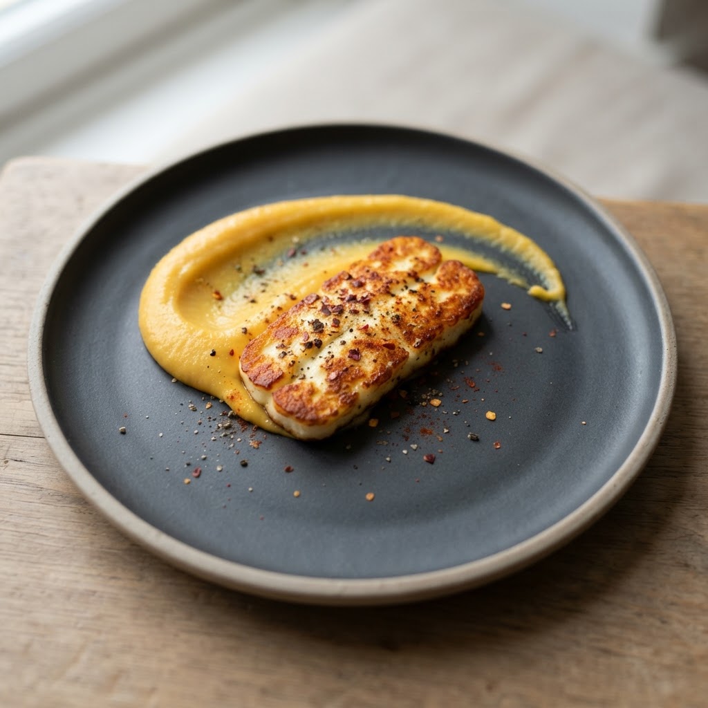 Togarashi-Seared Halloumi over Saffron-Miso Parsnip Silk