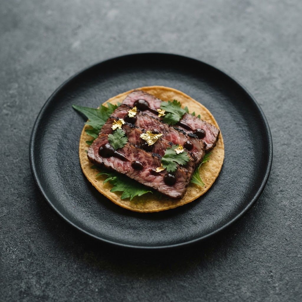 Wagyu Tataki-Tostada with Ponzu-Mole Emulsion