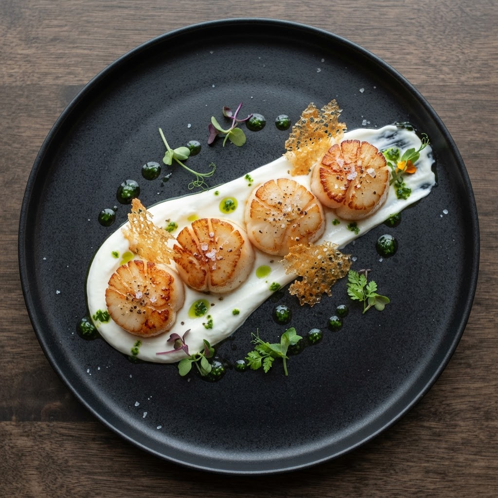 Brown Butter-Seared Scallops on Whipped Dill-Yogurt Silk with Sourdough Tuile