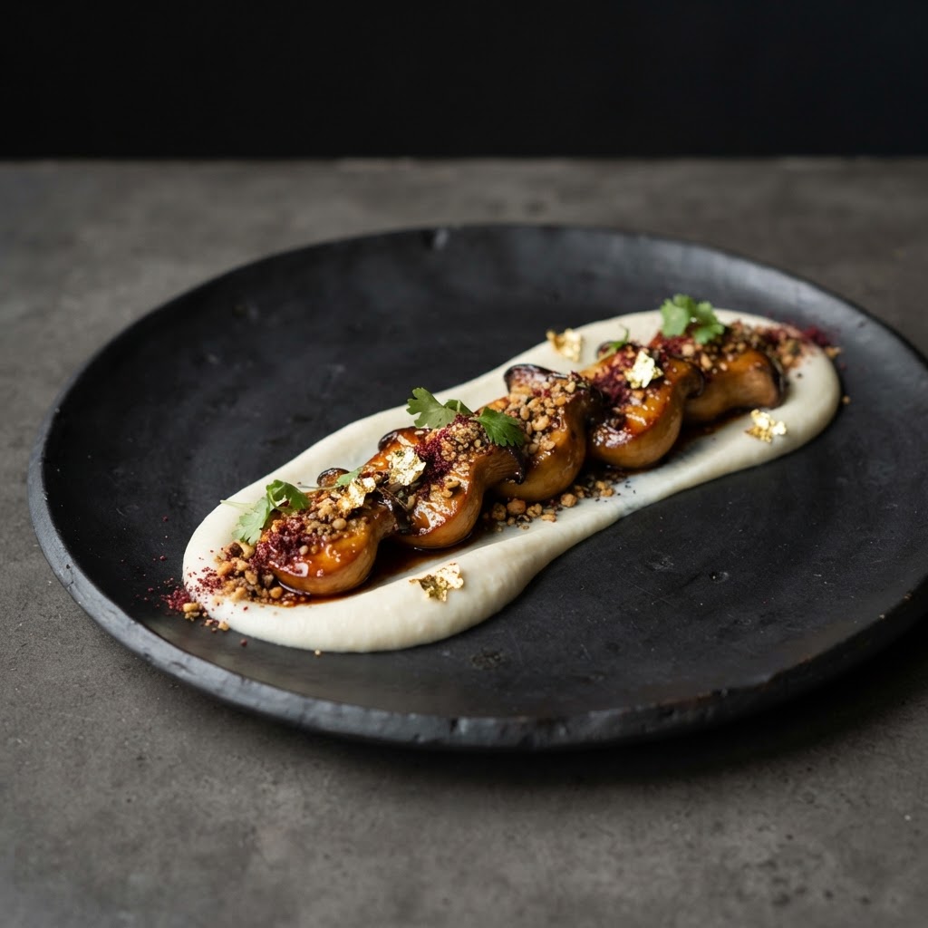 Miso-Pomegranate Glazed King Oyster Medallions on Cauliflower-Coconut Silk