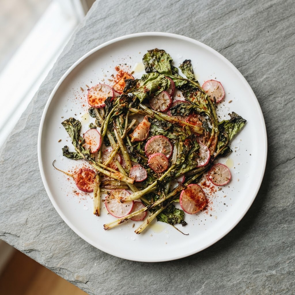 Spicy Cumin Roasted Radish & Stem Chips