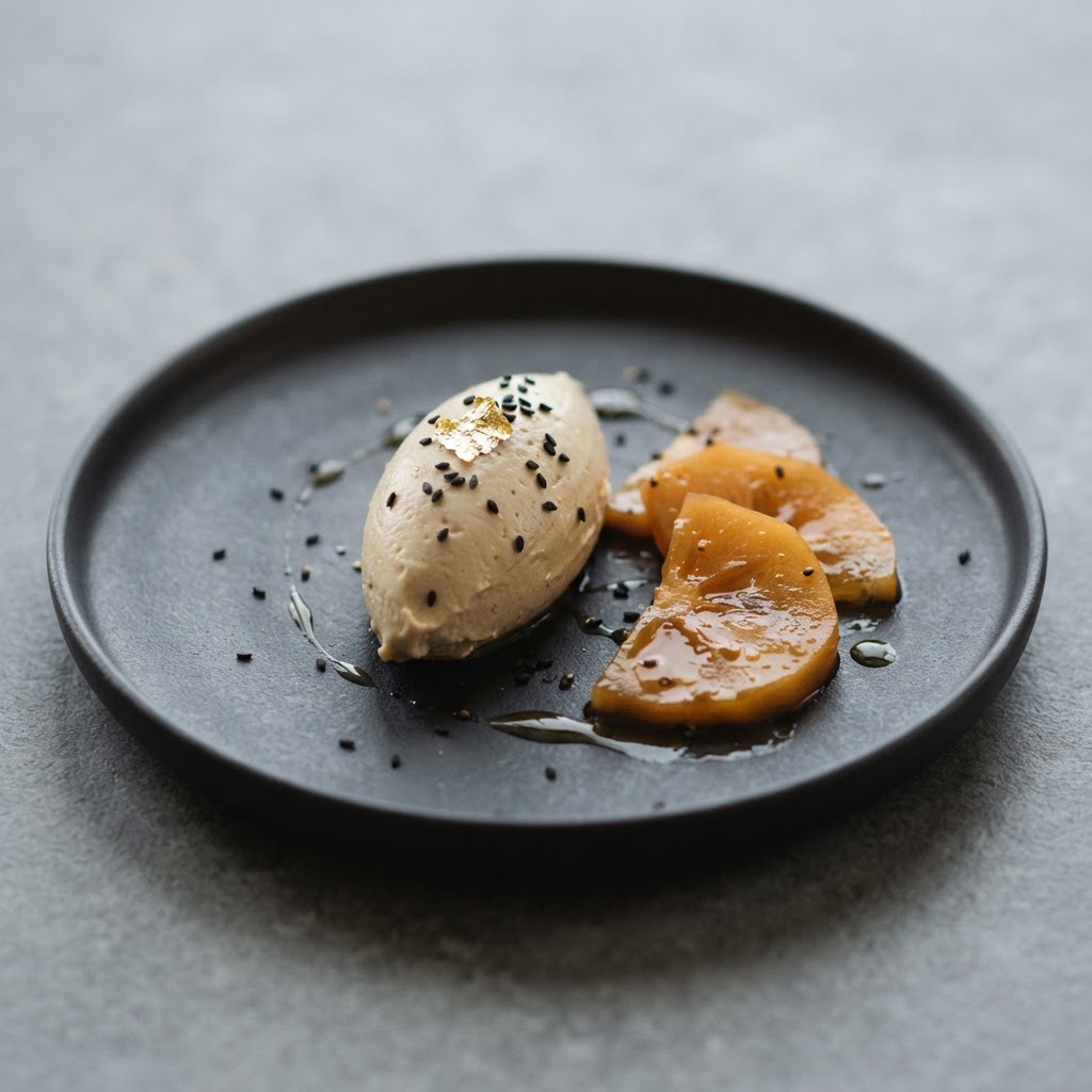 Szechuan-Infused Halva Mousse with Yuzu-Poached Persimmon