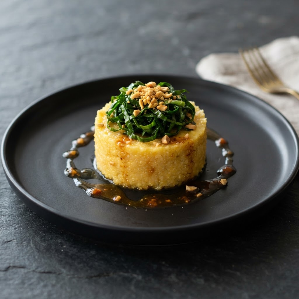 Bourbon-Braised Collard Stem Grits with Peanut Dust and Scotch Bonnet Gastrique