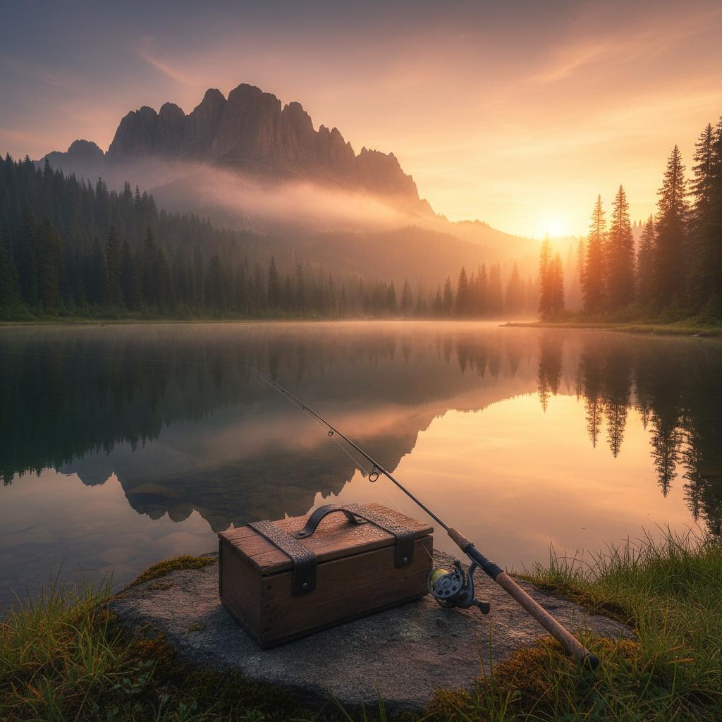 Lake and mountains at sunrise with fishing rod