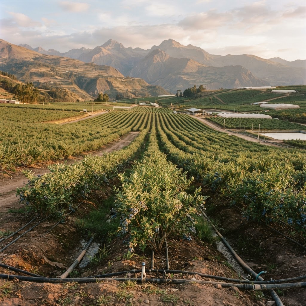 Peruvian agro-export field in an Andean valley at golden hour
