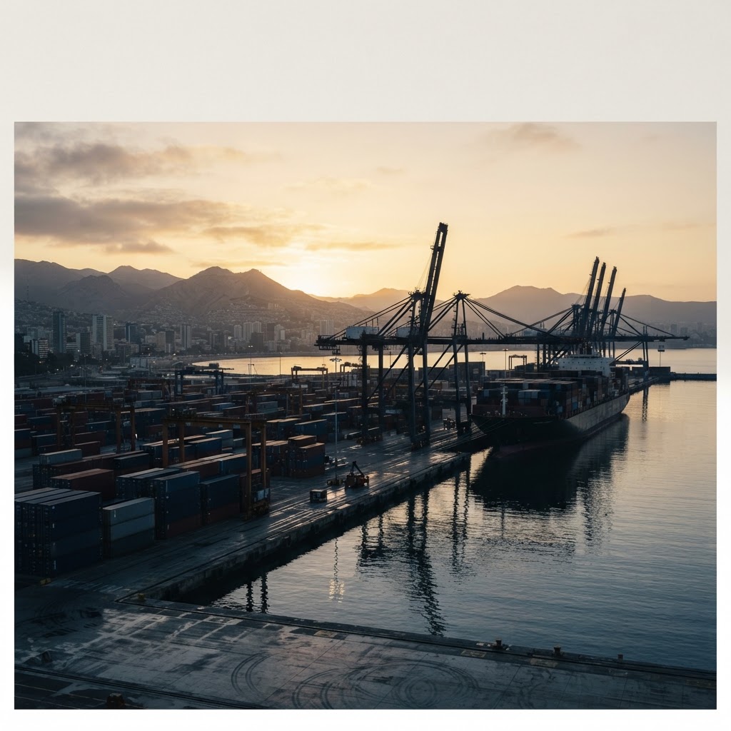 Modern Latin American commercial port at dawn — cross-border trade infrastructure