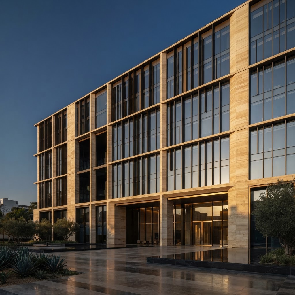 Modern Latin American commercial architecture at golden hour — Andean Impact Venture investment platform