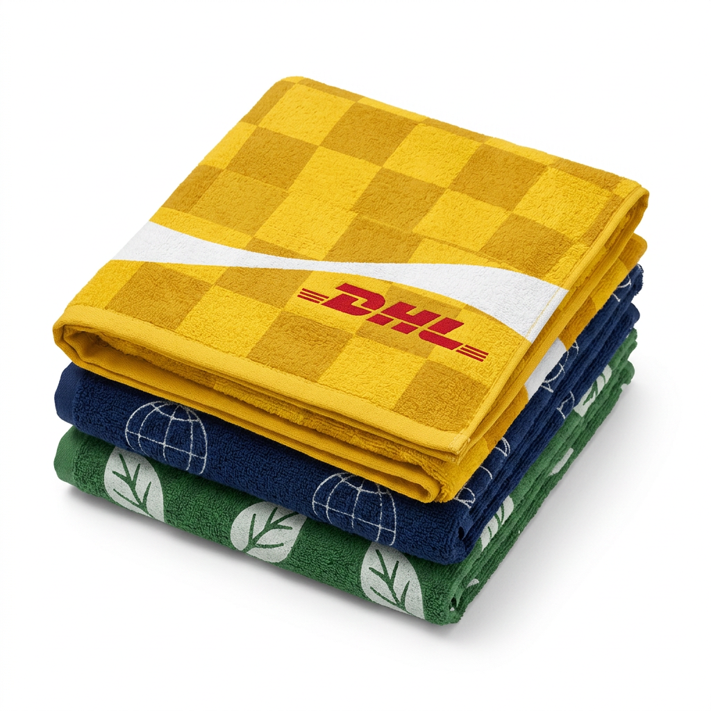 Vibrant DHL logo towels in playful colors and patterns.