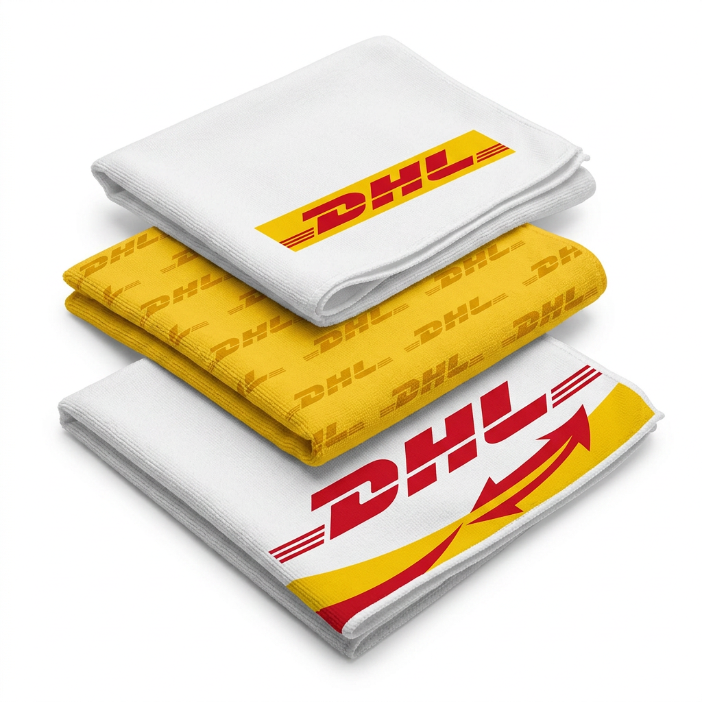 Colorful DHL branded towels folded in yellow and white, ideal for branding.