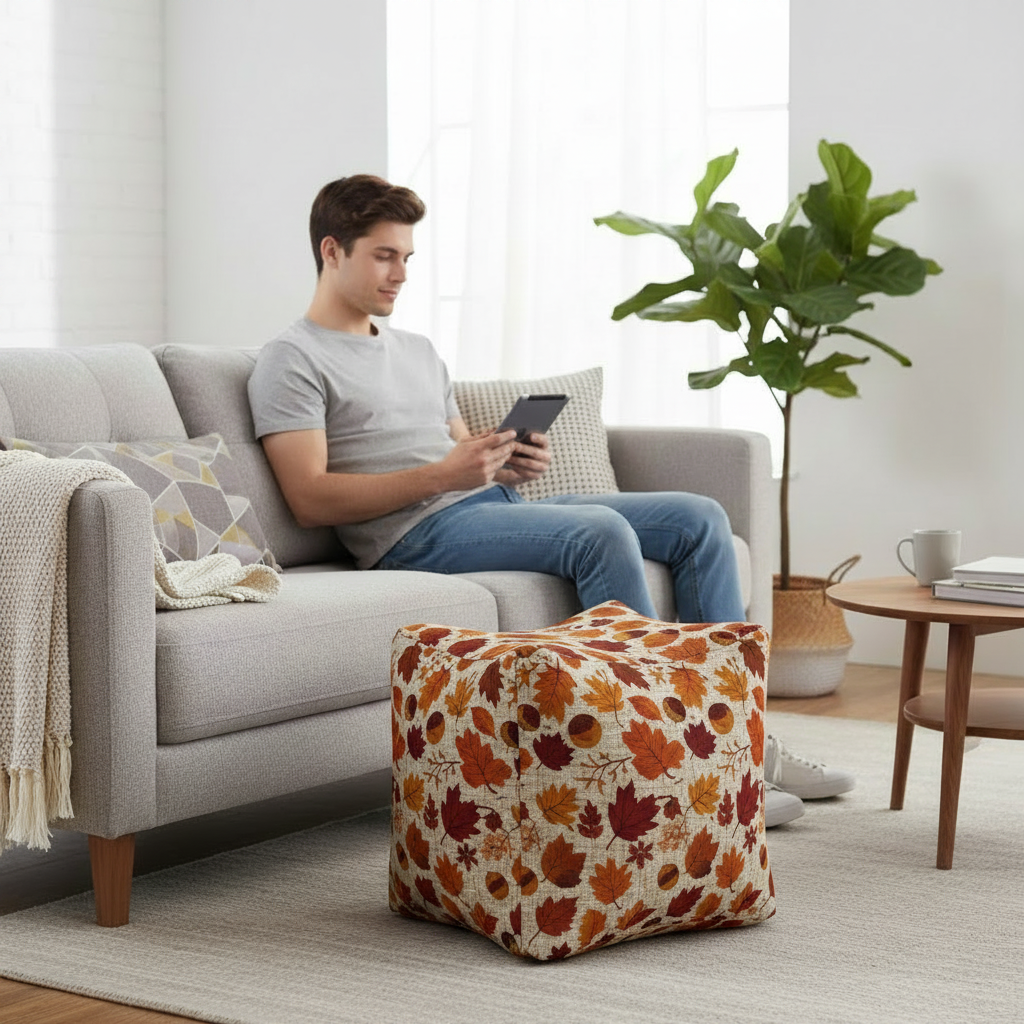 Cozy atmosphere with fall-themed bean bag in living room.