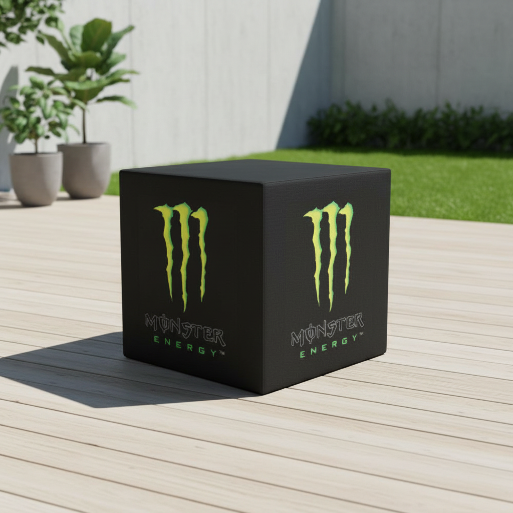 Cube seat featuring Monster Energy logo, perfect for outdoor spaces.