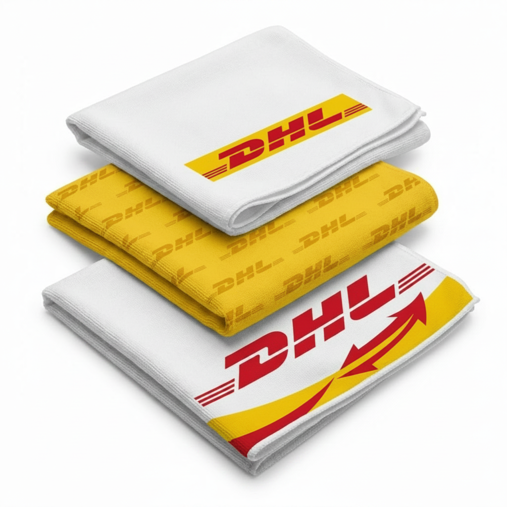 DHL logo towels in vibrant yellow and white, perfect for promotional uses.