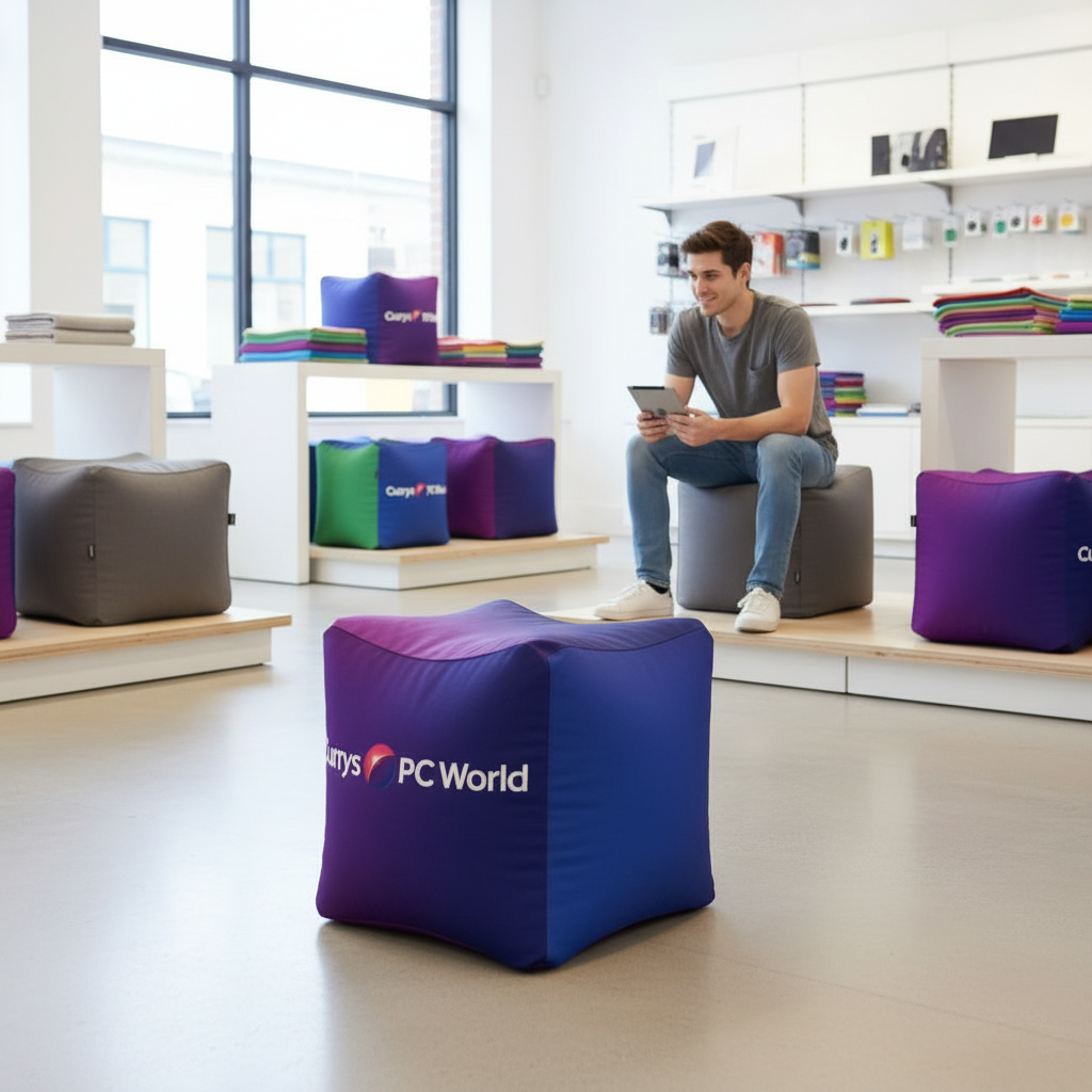 Colorful bean bags in a retail space for comfort and style.