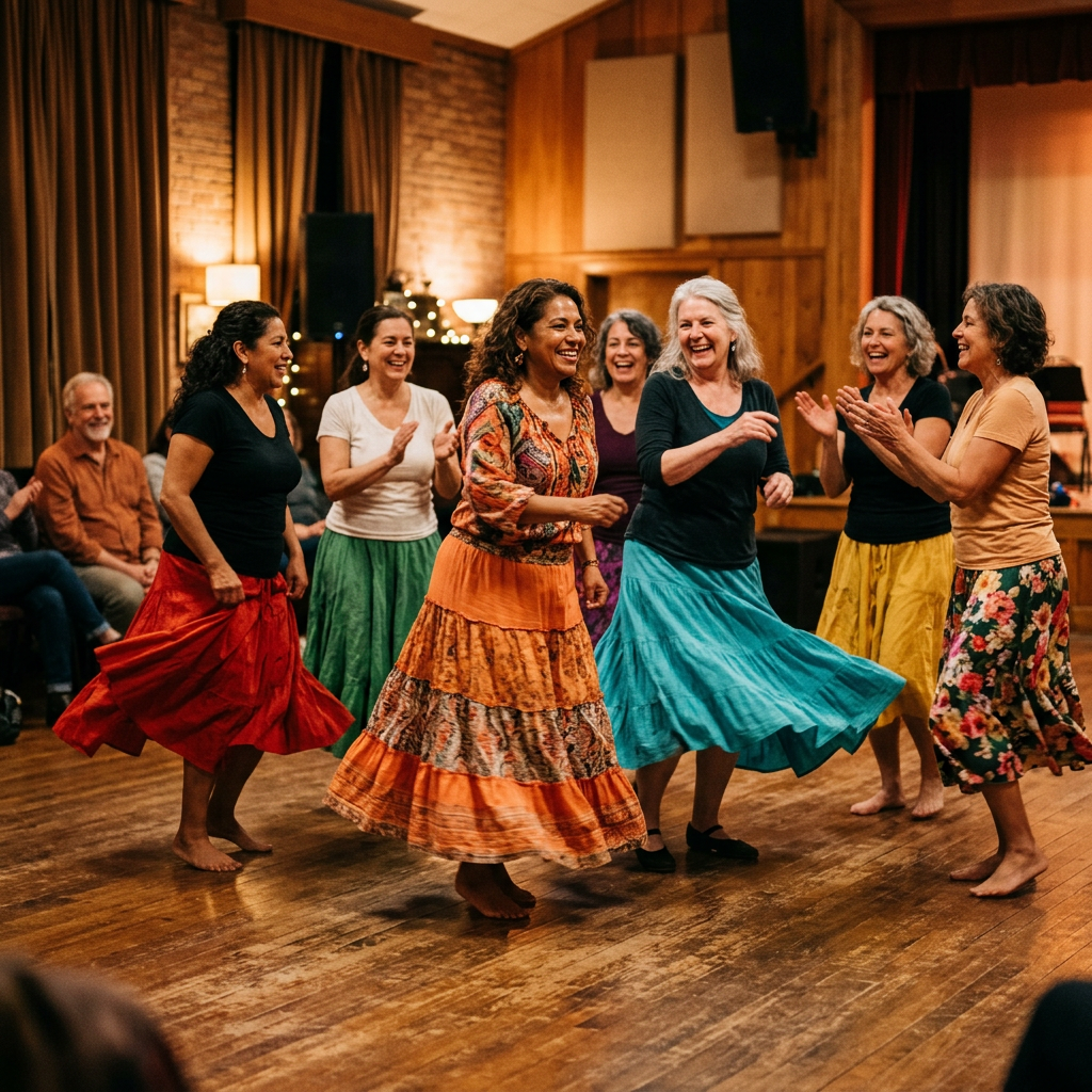 Diverse Latin American women dancing together joyfully in warm golden light