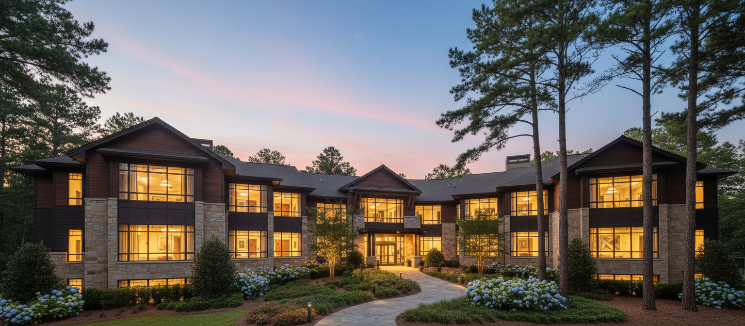 Modern senior living community at dusk in Atlanta