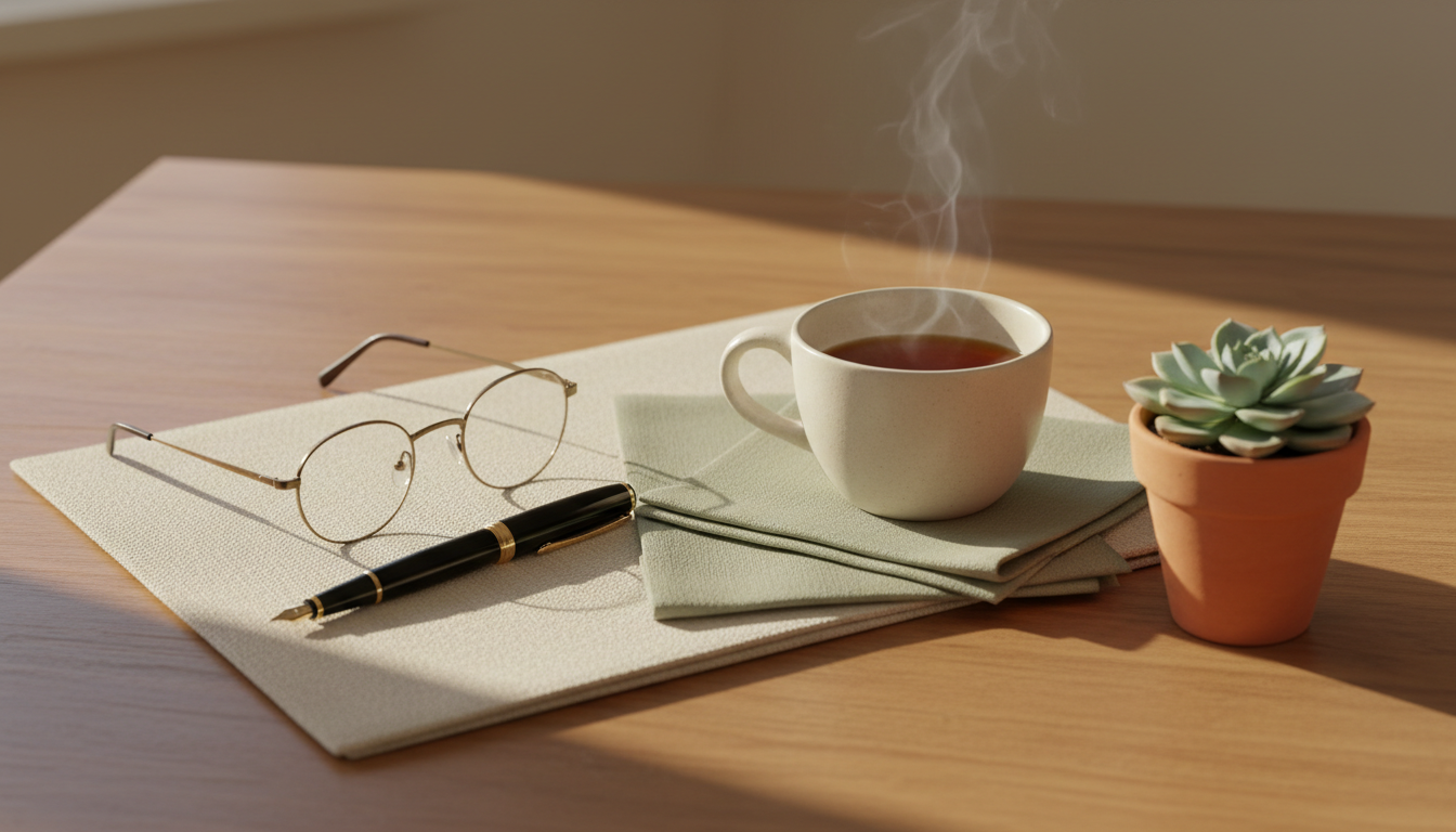 Thoughtful planning materials on a warm wooden desk