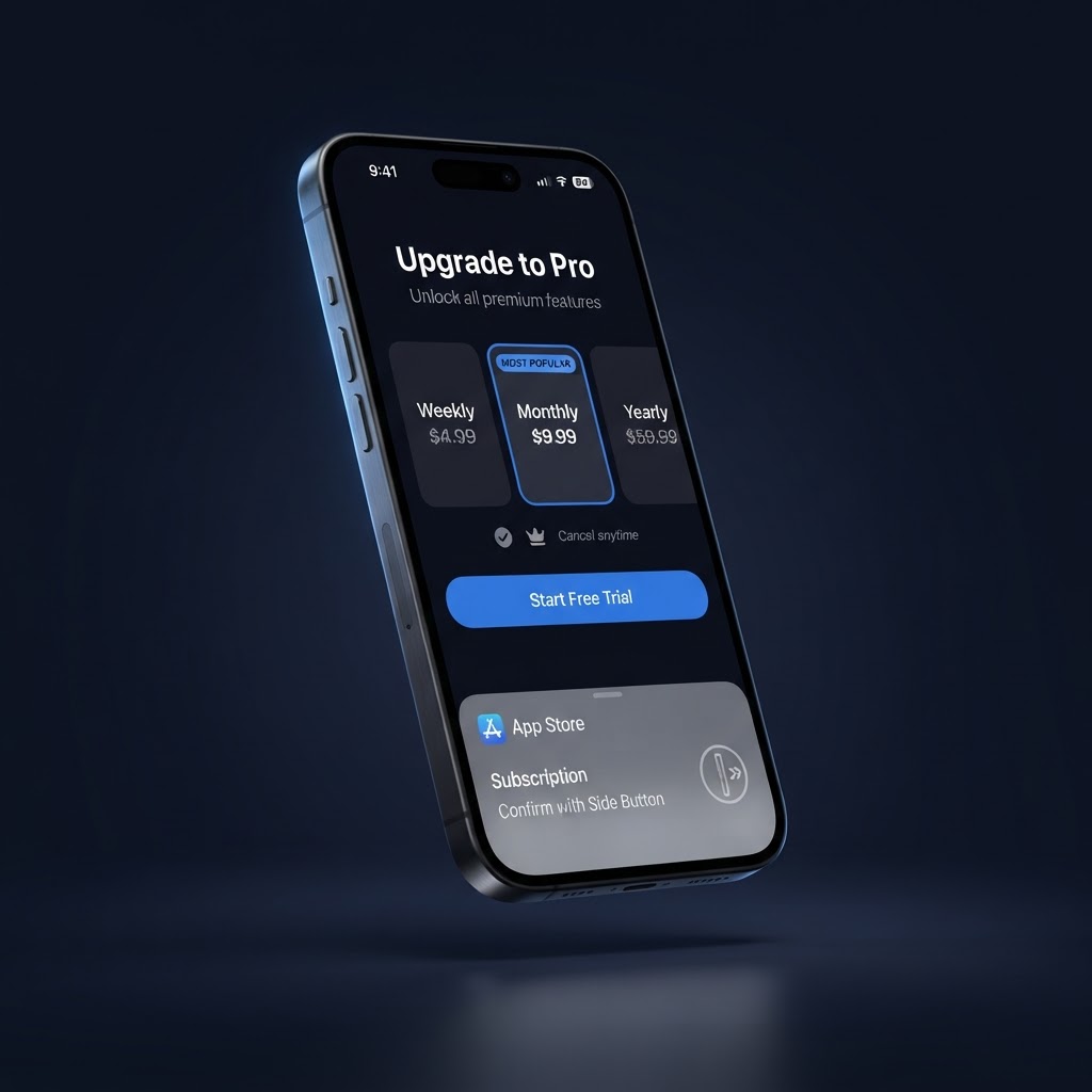 iPhone showing a native in-app purchase paywall with Apple's confirmation sheet