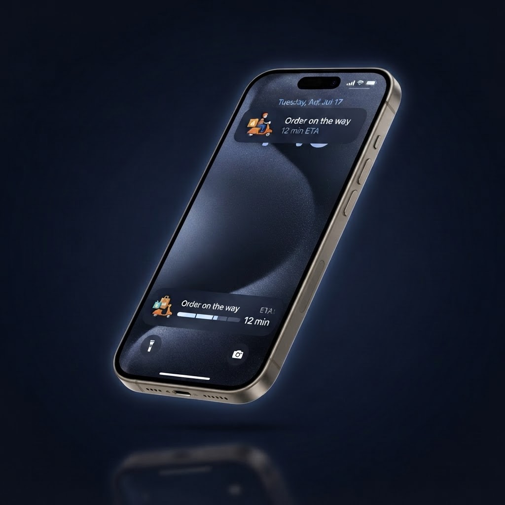 iPhone lock screen showing a Live Activity order tracker with Dynamic Island