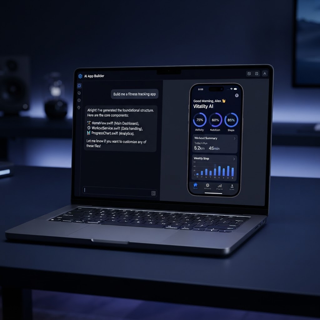 Laptop showing the AI builder chat writing SwiftUI code with a live iPhone app preview on the right
