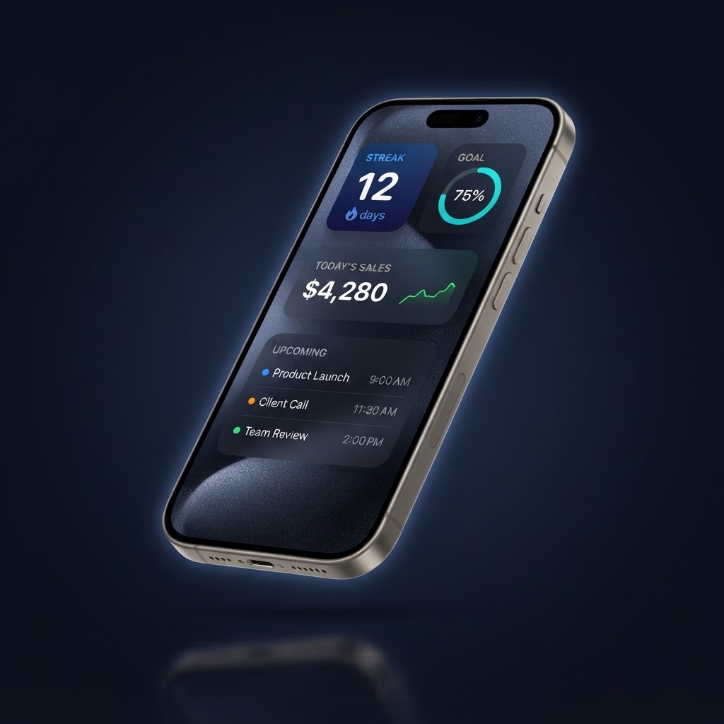 iPhone home screen with custom native widgets showing live app data