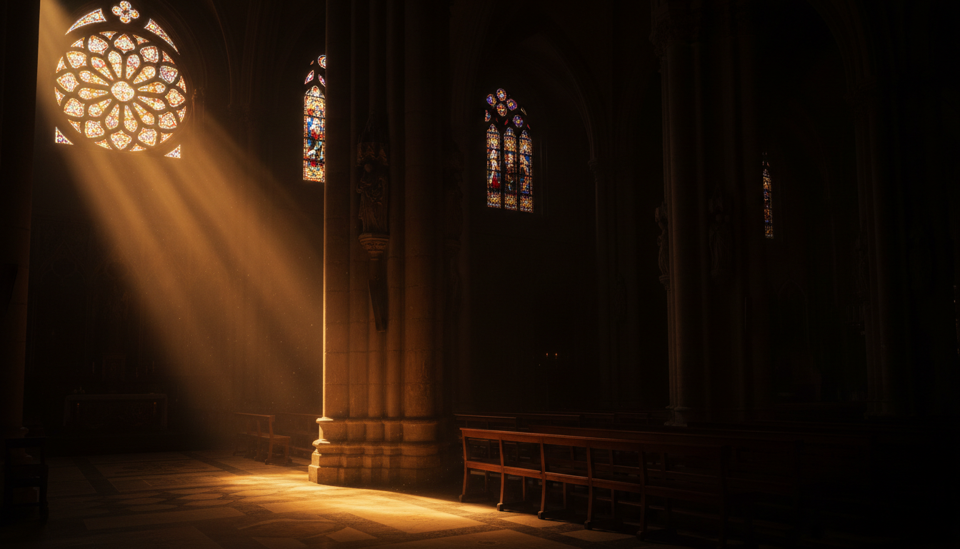 Cathedral interior with dramatic lighting
