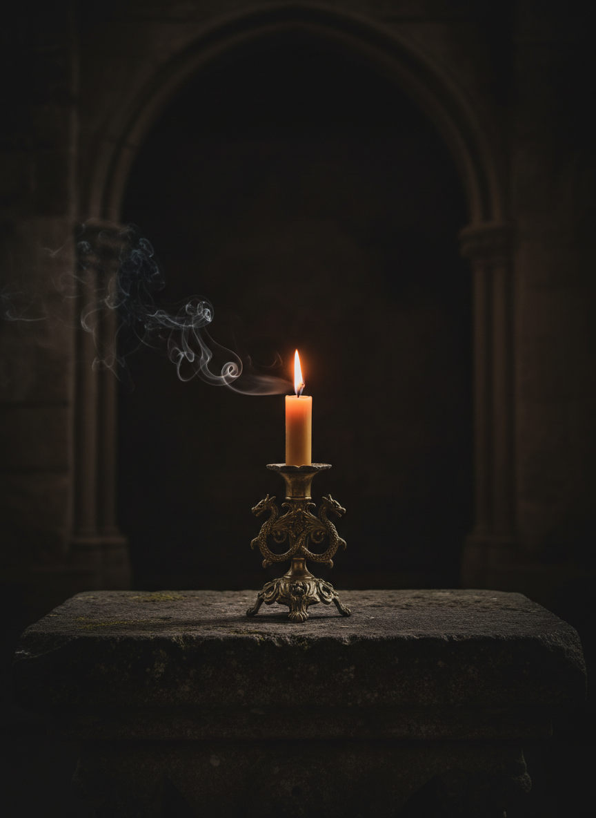 Single candle burning in dark chapel