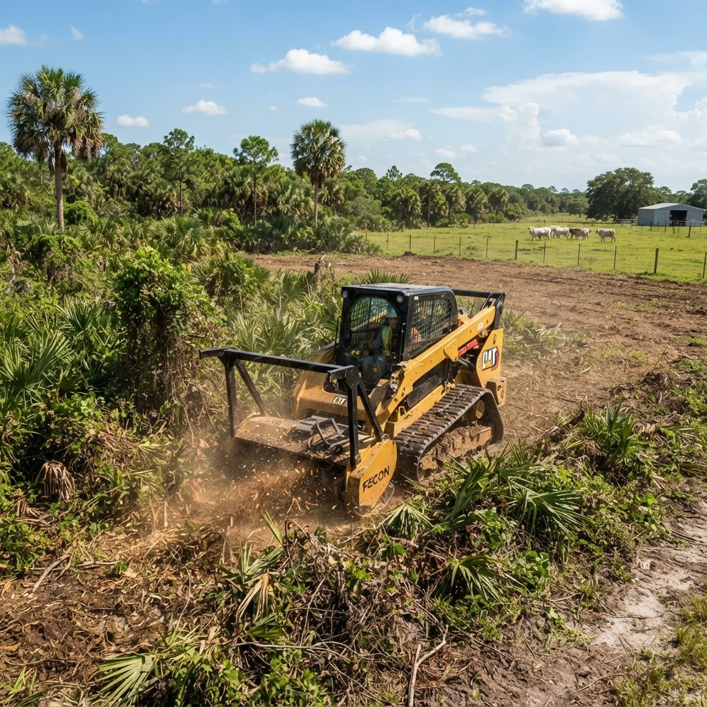 Okeechobee County land clearing with compact track loader on rural acreage
