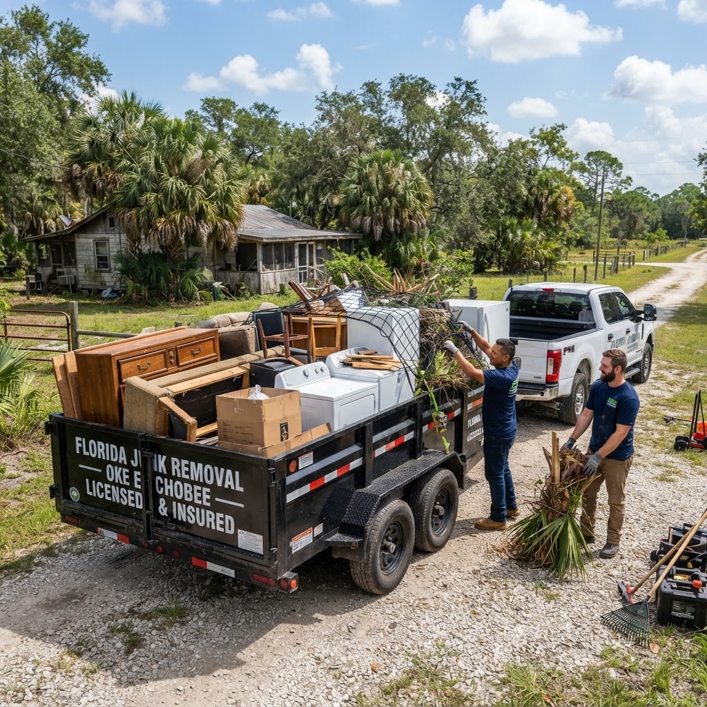 Junk hauling trailer loaded for Okeechobee property cleanup