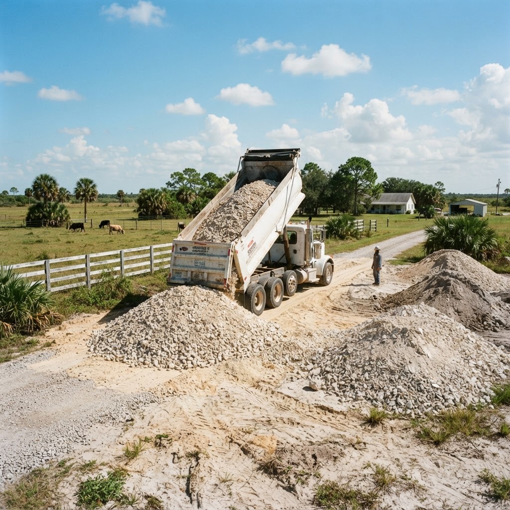 Aggregate delivery truck for Okeechobee County driveway project